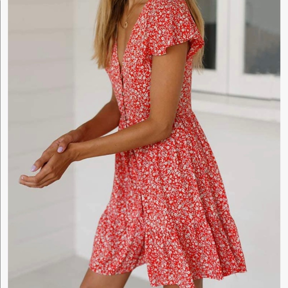 GAMISOTE Womens Floral Print Mini Dress V Neck Short Sleeve Boho Swing Dresses